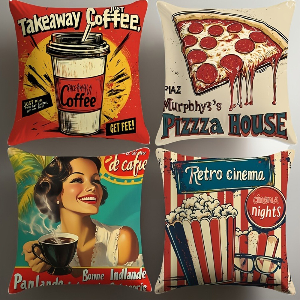 Home Cinema Inspiration - Vintage-Inspired Pillowcases: Coffee, Pizza, Retro Cinema,